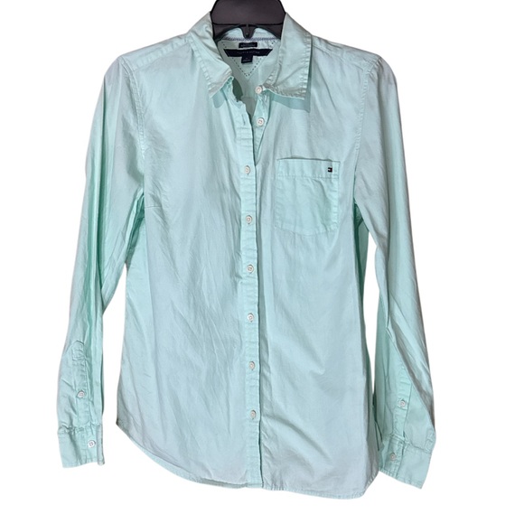Tommy Hilfiger Mint Green Button Down Pocket Logo Shirt Blouse - Size M - Picture 1 of 4